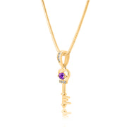 Amethyst Gemstone & Diamond Solid 14k Yellow Gold Key Pendant