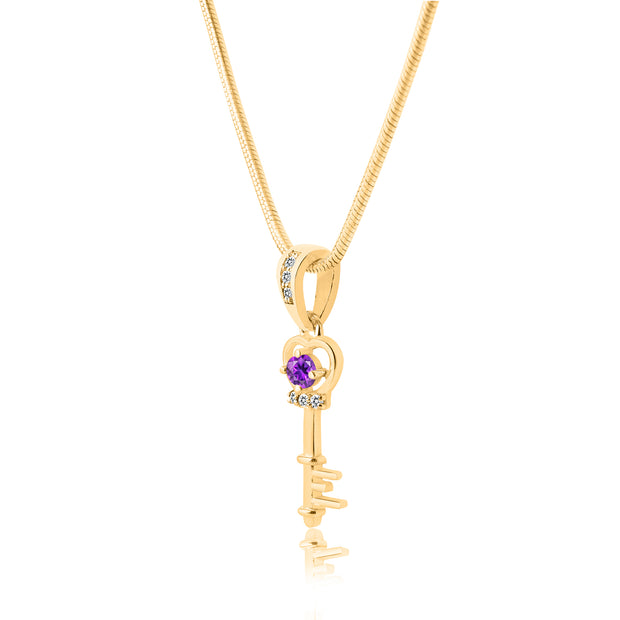 Amethyst Gemstone & Diamond Solid 14k Yellow Gold Key Pendant