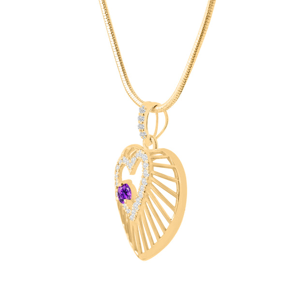 Amethyst Gemstone & Diamond Solid 14k Yellow Gold Heart Pendant