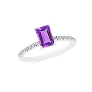 Amethyst & Diamond Gemstone Solid 14k White Gold Ring