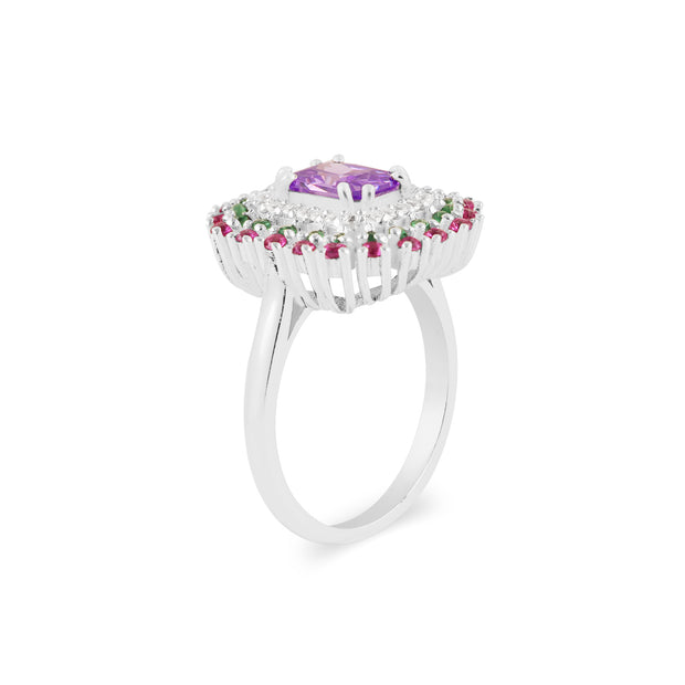 Multi Gemstone & Diamond Solid 14k White Gold Ring