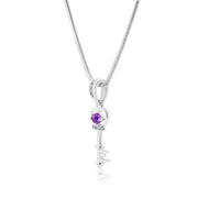 Amethyst Gemstone & Diamond Solid 14k White Gold Key Pendant
