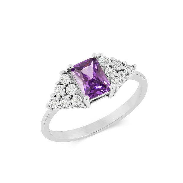 Amethyst Gemstone & Diamond Solid 14k White Gold Ring