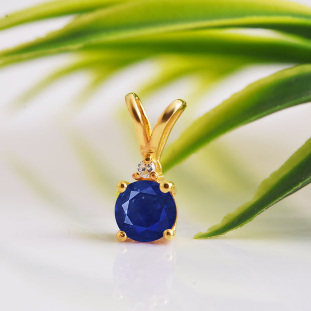 Blue Sapphire Gemstone & Diamond Solid 14k Yellow Gold Pendant