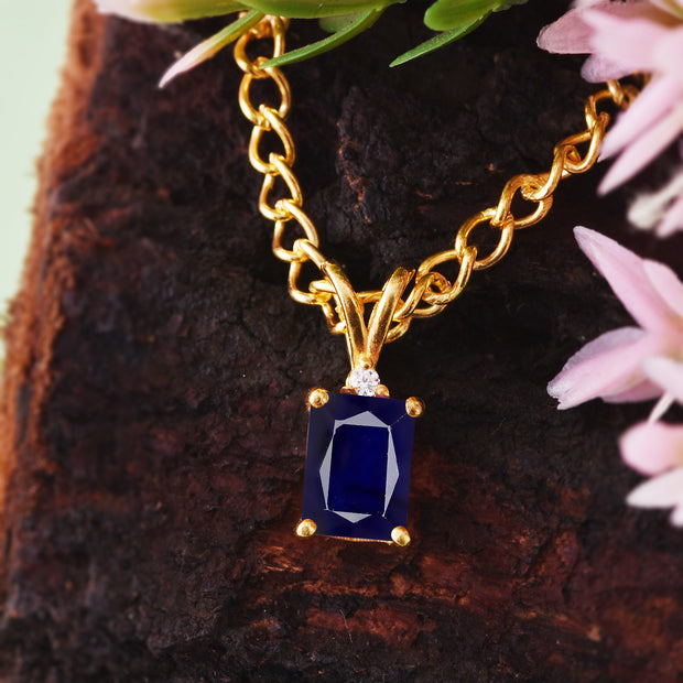 Blue Sapphire Gemstone & Diamond Solid 14k Yellow Gold Pendant