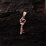 Blue Sapphire Gemstone & Diamond Solid 14k Rose Gold Key Pendant