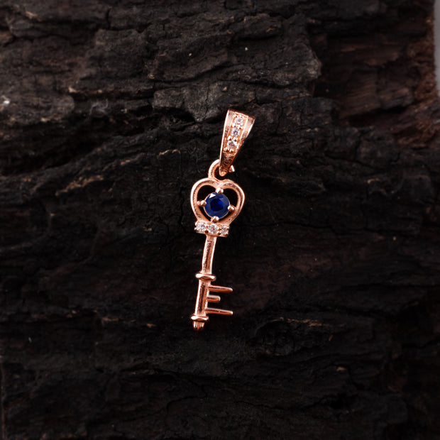 Blue Sapphire Gemstone & Diamond Solid 14k Rose Gold Key Pendant