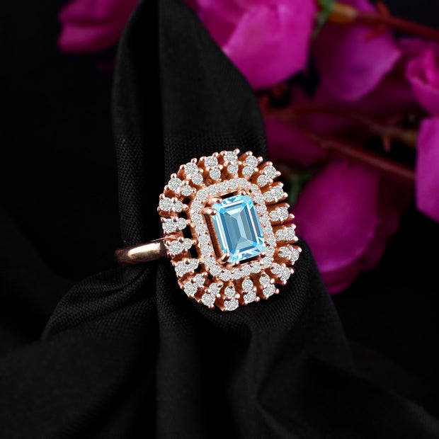 Blue Topaz Gemstone & Diamond Solid 14k Rose Gold Ring