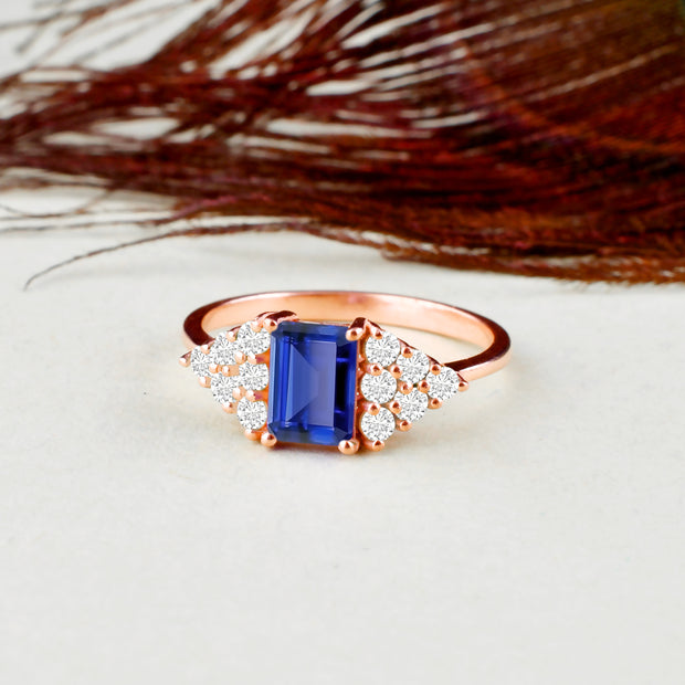 Blue Sapphire Gemstone & Diamond Solid 14k Rose Gold Ring