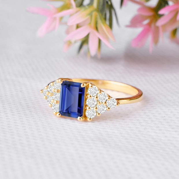 Blue Sapphire Gemstone & Diamond Solid 14k Yellow Gold Ring