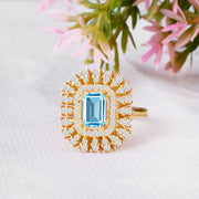Blue Topaz Gemstone & Diamond Solid 14k Yellow Gold Ring