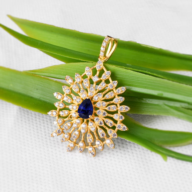 Blue Sapphire Gemstone Solid 14k Yellow Gold Pendant
