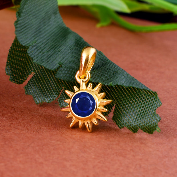 Blue Sapphire Gemstone Solid 14k Yellow Gold Pendant