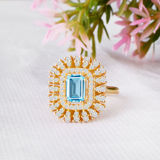 Blue Topaz Gemstone & Diamond Solid 14k Yellow Gold Ring