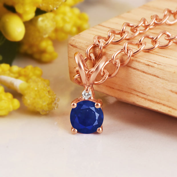 Blue Sapphire Gemstone & Diamond Solid 14k Rose Gold Pendant
