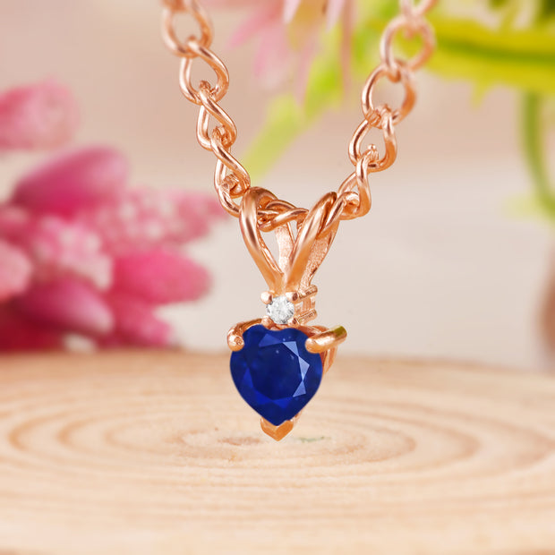 Blue Sapphire Gemstone & Diamond Solid 14k Rose Gold Pendant