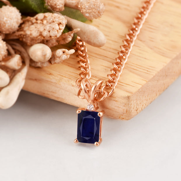 Blue Sapphire Gemstone & Diamond Solid 14k Rose Gold Pendant