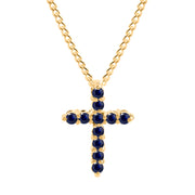 Blue Sapphire Gemstone Solid 14k Yellow Gold Cross Pendant