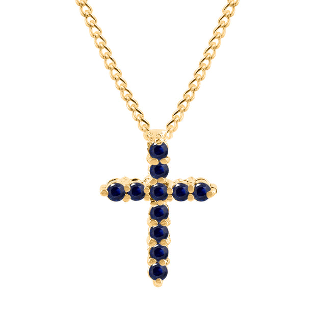 Blue Sapphire Gemstone Solid 14k Yellow Gold Cross Pendant