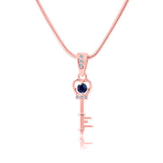 Blue Sapphire Gemstone & Diamond Solid 14k Rose Gold Key Pendant