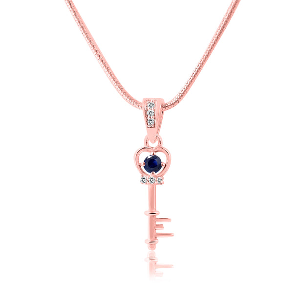 Blue Sapphire Gemstone & Diamond Solid 14k Rose Gold Key Pendant