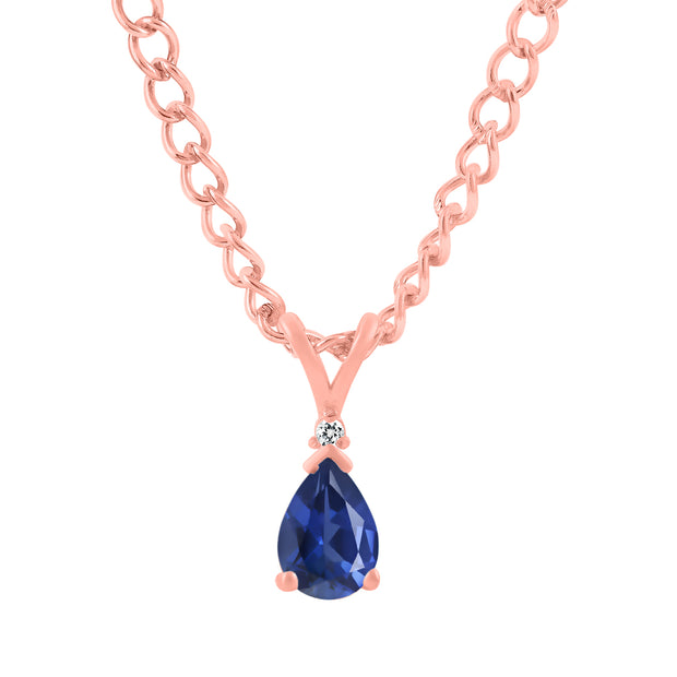 Blue Sapphire Gemstone & Diamond Solid 14k Rose Gold Pendant