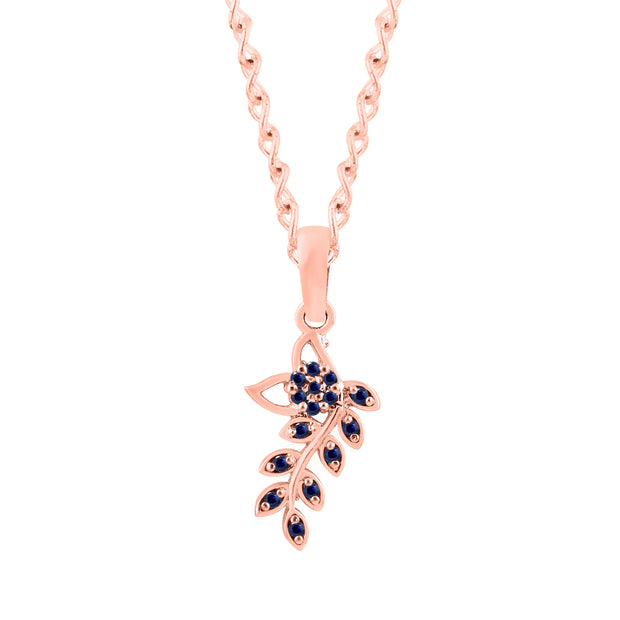 Blue Sapphire Gemstone Solid 14k Rose Gold Leaf Pendant