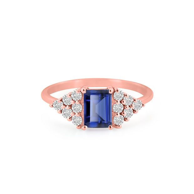 Blue Sapphire Gemstone & Diamond Solid 14k Rose Gold Ring