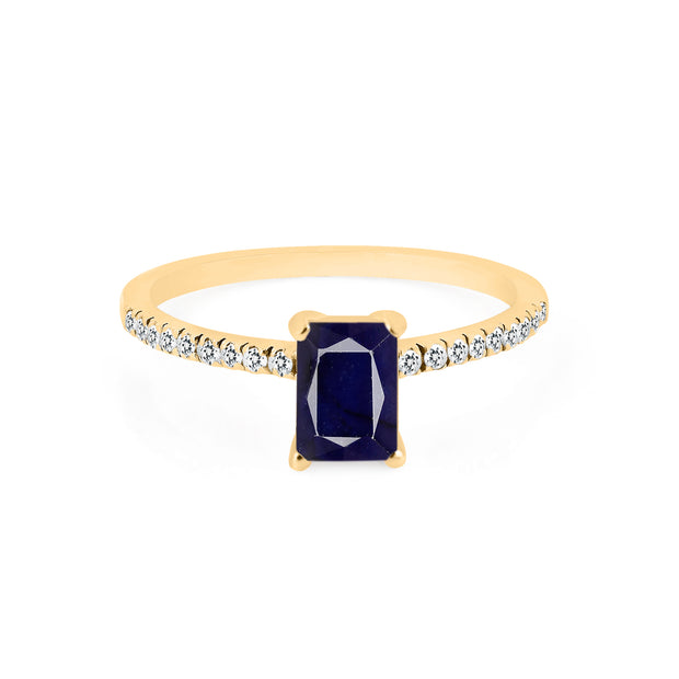 Blue Sapphire & Diamond Gemstone Solid 14k Yellow Gold Ring