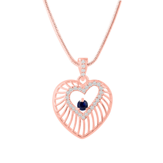 Blue Sapphire Gemstone & Diamond Solid 14k Rose Gold Heart Pendant