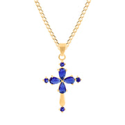 Blue Sapphire Gemstone Solid 14k Yellow Gold Cross Pendant