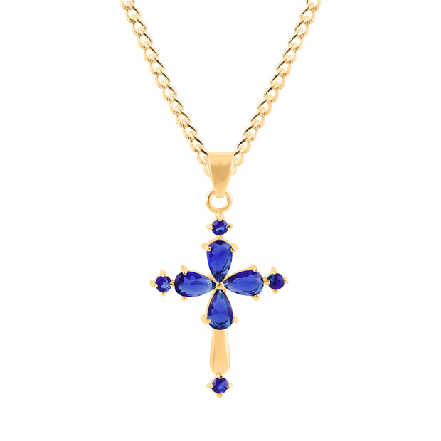 Blue Sapphire Gemstone Solid 14k Yellow Gold Cross Pendant