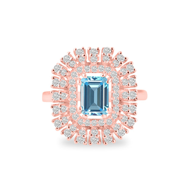 Blue Topaz Gemstone & Diamond Solid 14k Rose Gold Ring