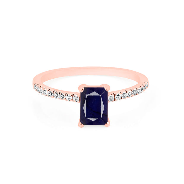 Blue Sapphire & Diamond Gemstone Solid 14k Rose Gold Ring