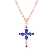 Blue Sapphire Gemstone Solid 14k Rose Gold Cross Pendant