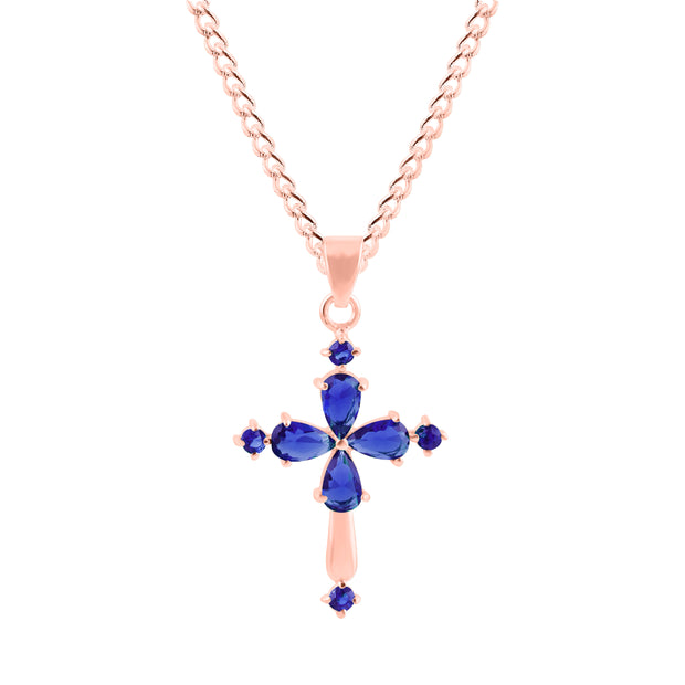 Blue Sapphire Gemstone Solid 14k Rose Gold Cross Pendant