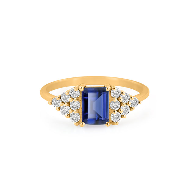 Blue Sapphire Gemstone & Diamond Solid 14k Yellow Gold Ring