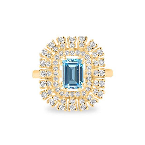 Blue Topaz Gemstone & Diamond Solid 14k Yellow Gold Ring