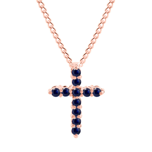 Blue Sapphire Gemstone Solid 14k Rose Gold Cross Pendant