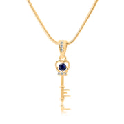 Blue Sapphire Gemstone & Diamond Solid 14k Yellow Gold Key Pendant