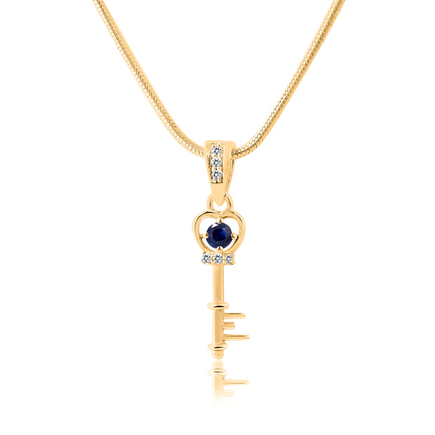 Blue Sapphire Gemstone & Diamond Solid 14k Yellow Gold Key Pendant
