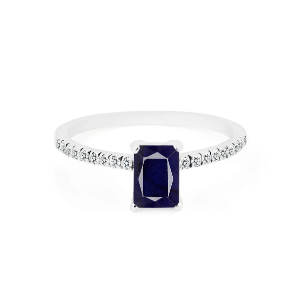 Blue Sapphire & Diamond Gemstone Solid 14k White Gold Ring
