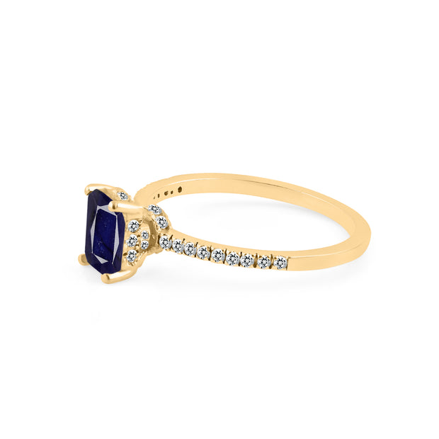 Blue Sapphire & Diamond Gemstone Solid 14k Yellow Gold Ring