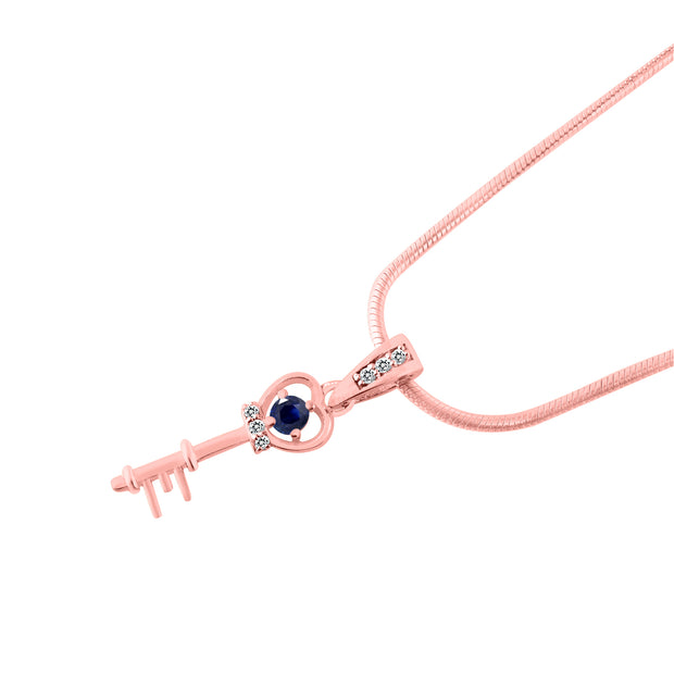 Blue Sapphire Gemstone & Diamond Solid 14k Rose Gold Key Pendant