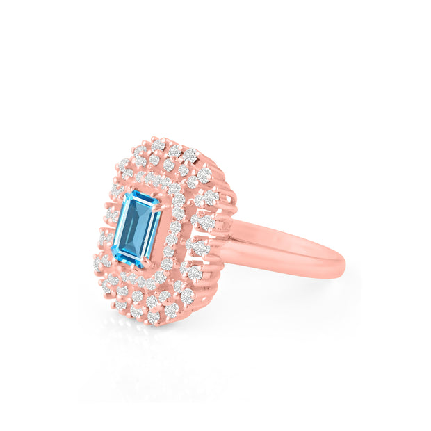 Blue Topaz Gemstone & Diamond Solid 14k Rose Gold Ring