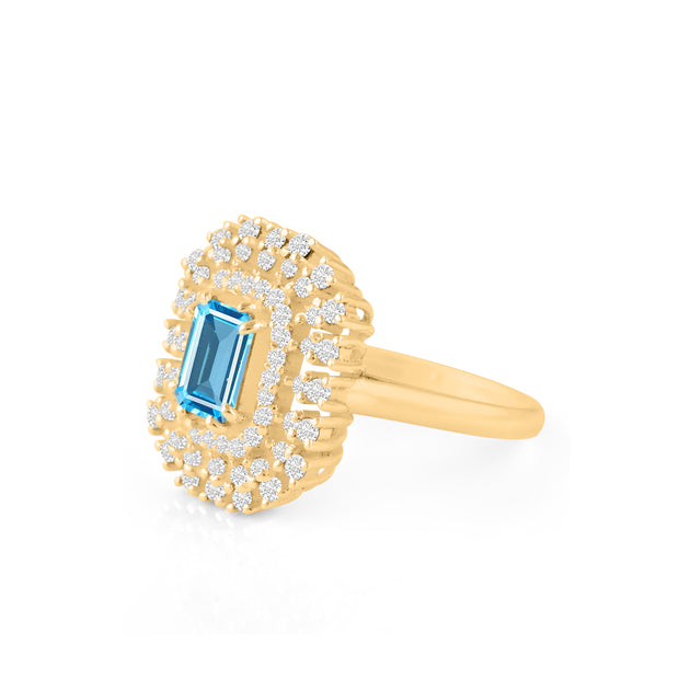 Blue Topaz Gemstone & Diamond Solid 14k Yellow Gold Ring