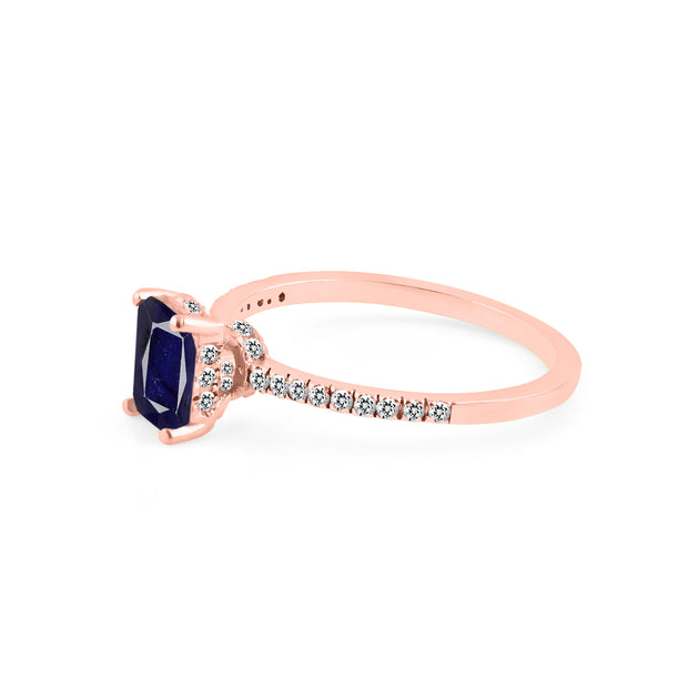 Blue Sapphire & Diamond Gemstone Solid 14k Rose Gold Ring