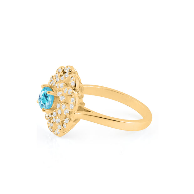 Blue Topaz Gemstone & Diamond Solid 14k Yellow Gold Ring