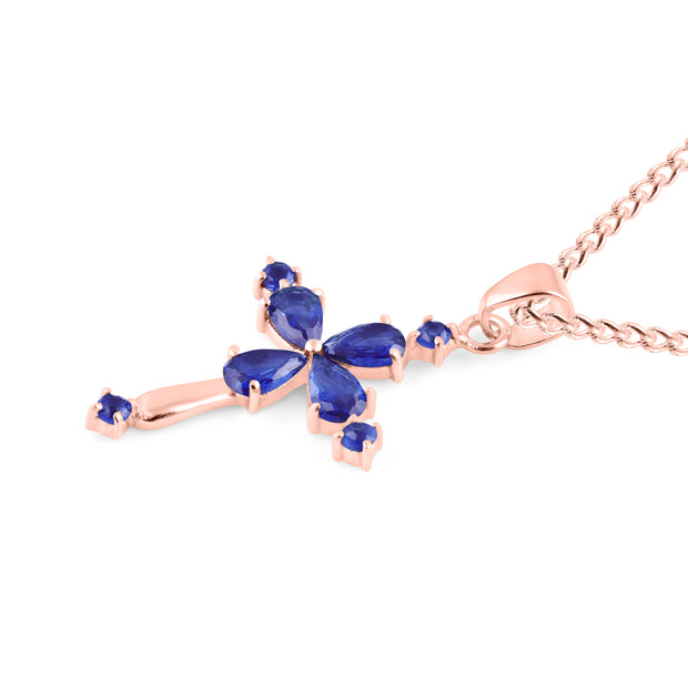 Blue Sapphire Gemstone Solid 14k Rose Gold Cross Pendant