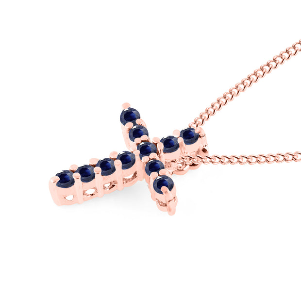 Blue Sapphire Gemstone Solid 14k Rose Gold Cross Pendant